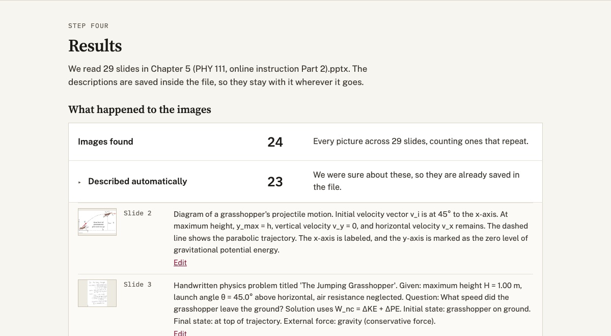 SlideSight alt-text results screen
